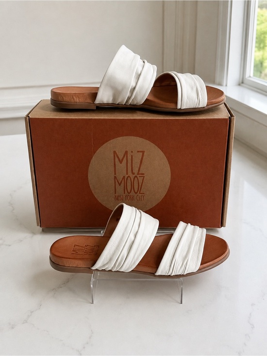 Miz Mooz Shoes - Miz Mooz Tevin Women's White Leather Ruched Double-Band Slide Sandals! Sz 41/10